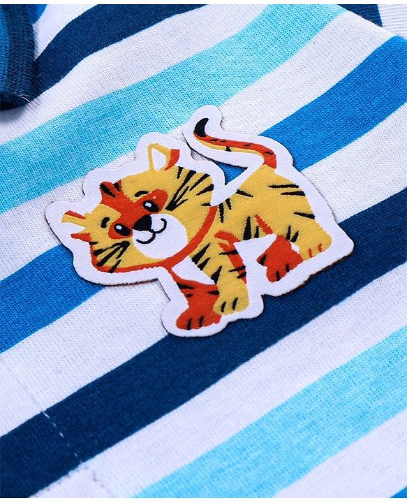 Babyhug Cotton Knit Half Sleeves Striped Polo T-Shirt Tiger Patch - White & Blue