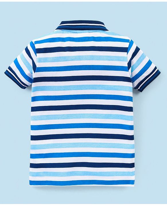 Babyhug Cotton Knit Half Sleeves Striped Polo T-Shirt Tiger Patch - White & Blue