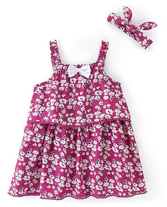 Babyhug Singlet Sleeves Rayon Woven Floral Printed Frock with Headband - Maroon