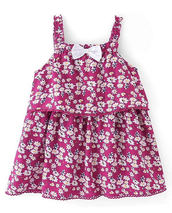 Babyhug Singlet Sleeves Rayon Woven Floral Printed Frock with Headband - Maroon