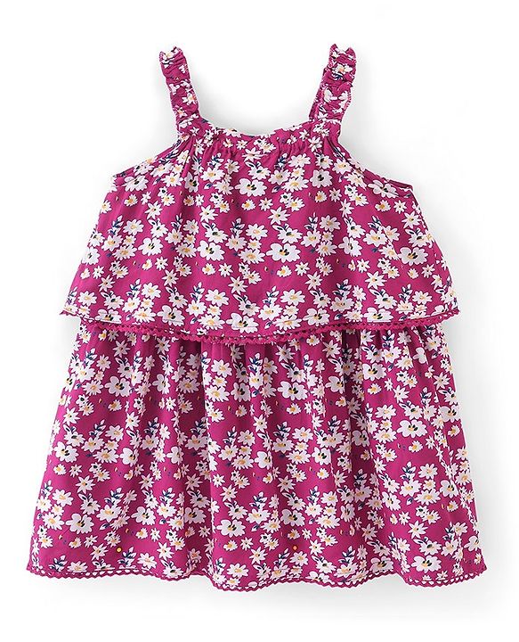 Babyhug Singlet Sleeves Rayon Woven Floral Printed Frock with Headband - Maroon