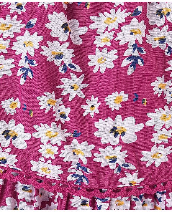Babyhug Singlet Sleeves Rayon Woven Floral Printed Frock with Headband - Maroon