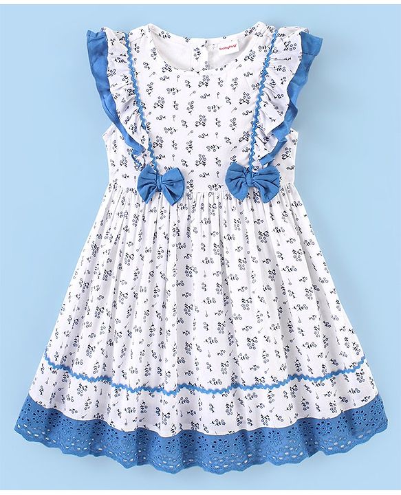Babyhug Rayon Sleeveless Frock With Bow Applique Floral Print- Blue & White