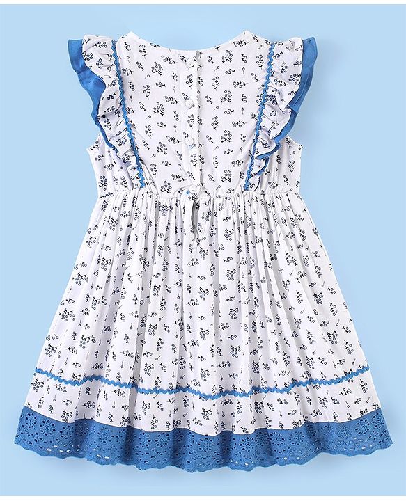 Babyhug Rayon Sleeveless Frock With Bow Applique Floral Print- Blue & White