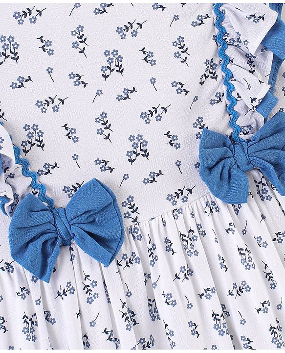 Babyhug Rayon Sleeveless Frock With Bow Applique Floral Print- Blue & White