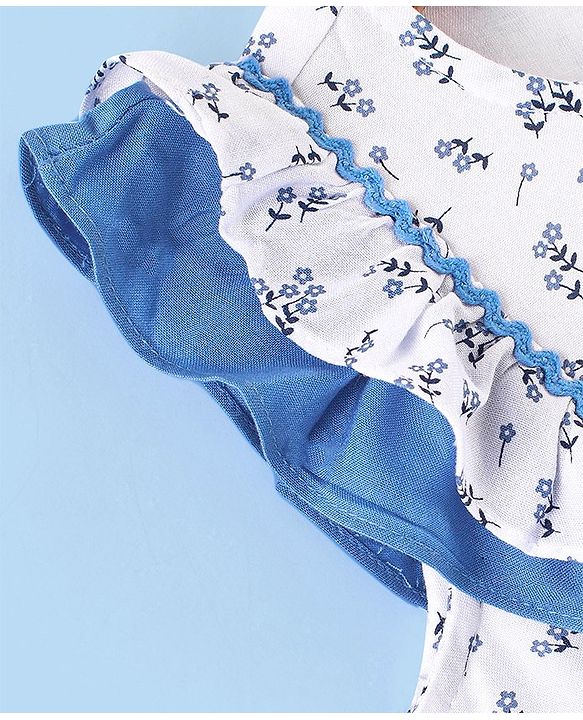 Babyhug Rayon Sleeveless Frock With Bow Applique Floral Print- Blue & White