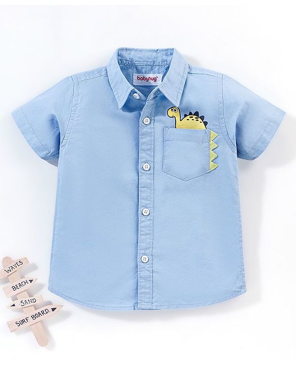 Babyhug 100% Cotton Half Sleeves Solid Shirt With Dino Badge- Blue