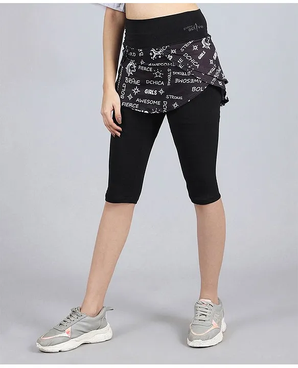 Dchica Designer Active Capri Length Abstract Text Printed Sports Leggings  With Attached Skirt Black Online in India, Buy at Best Price from   - 13240872