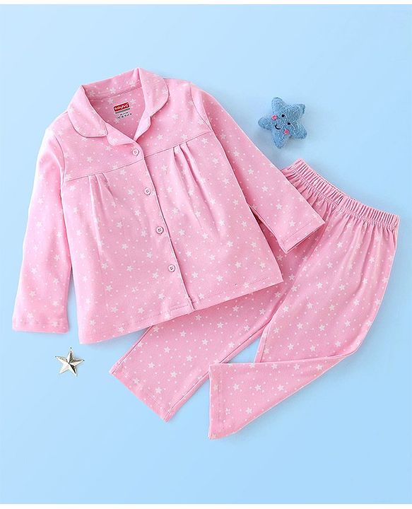 Babyhug Cotton Knit Full Sleeves Night Suit Star Print - Pink