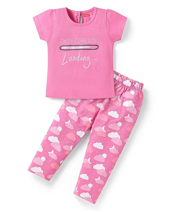 Babyhug Cotton Knit Short Sleeves Clouds Printed Night Suit - Pink