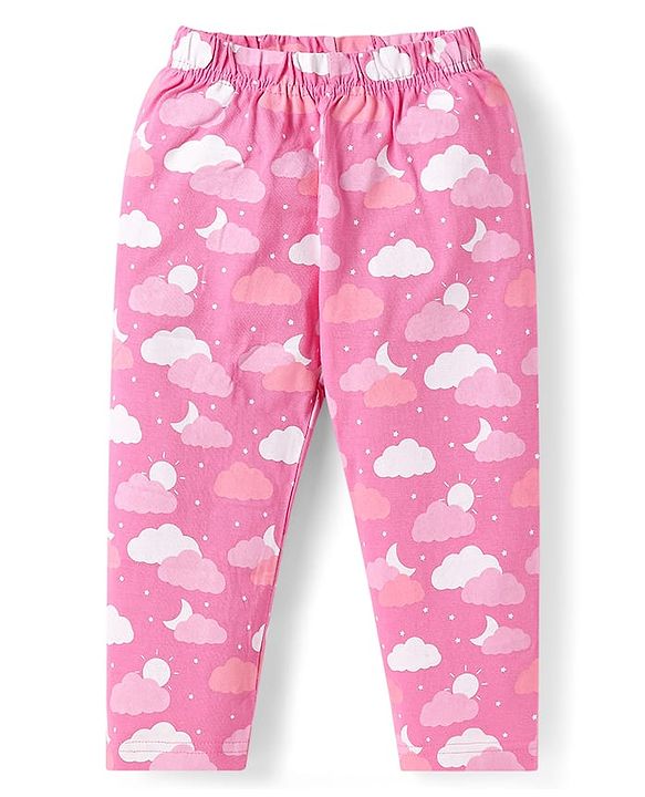 Babyhug Cotton Knit Short Sleeves Clouds Printed Night Suit - Pink