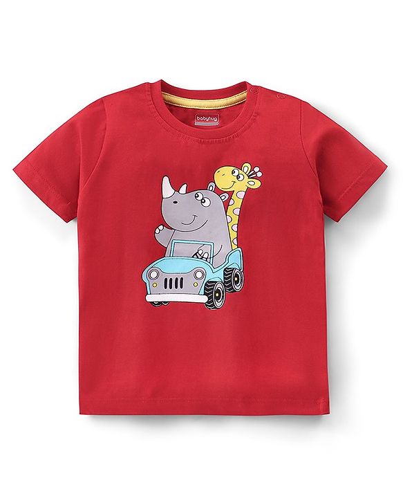 Babyhug Cotton Half Sleeves T-Shirt Hippo & Giraffe Print- Red