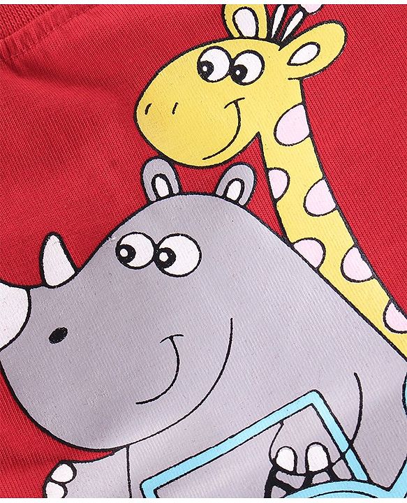 Babyhug Cotton Half Sleeves T-Shirt Hippo & Giraffe Print- Red
