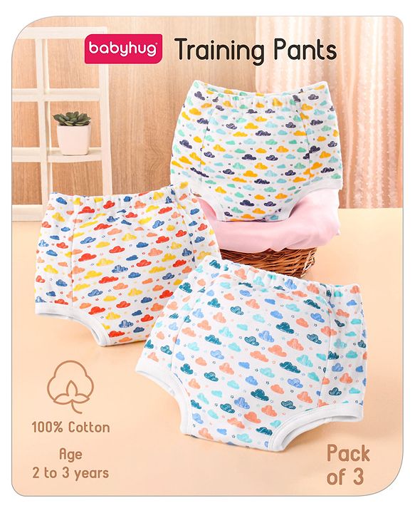Babyhug 100% Cotton Padded Underwear Diapers Pack of 3 Size 0 Cloud Print - Multicolour