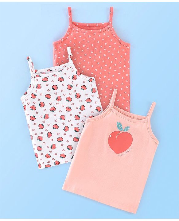Babyhug 100% Cotton Singlet Slips Heart Print Pack of 3 - Red White & Peach