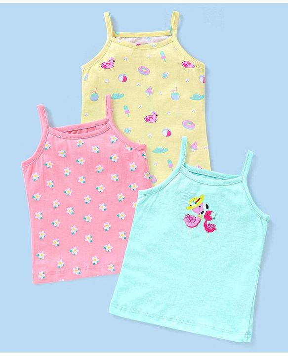 Babyhug 100% Cotton Knit Sleeveless Slip Flamingo & Floral Print Pack Of 3 - Blue Pink & Yellow