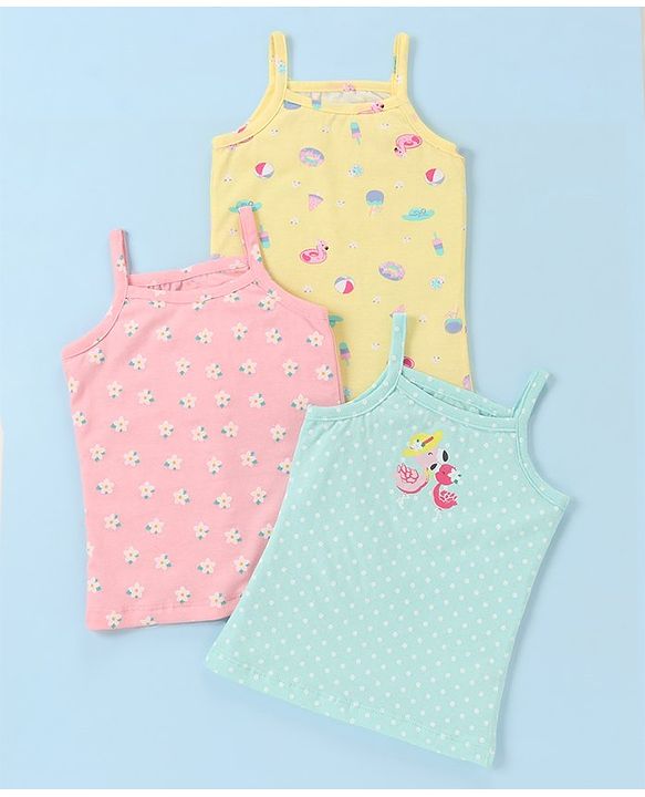 Babyhug 100% Cotton Knit Slip Flamingo & Floral Print Pack Of 3 - Blue Pink & Yellow