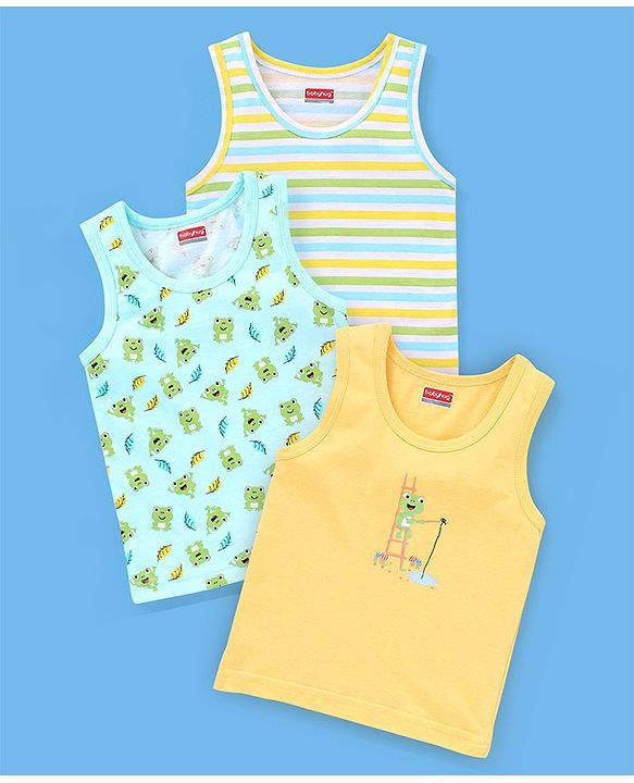 Babyhug 100% Cotton Knit Sleeveless Striped Sando Frog Print Pack of 3 - Yellow & Green