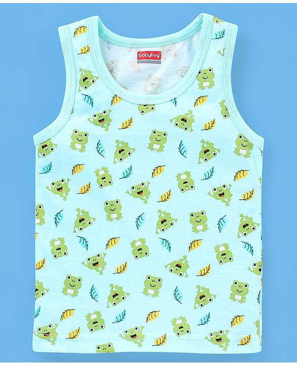 Babyhug 100% Cotton Knit Sleeveless Striped Sando Frog Print Pack of 3 - Yellow & Green