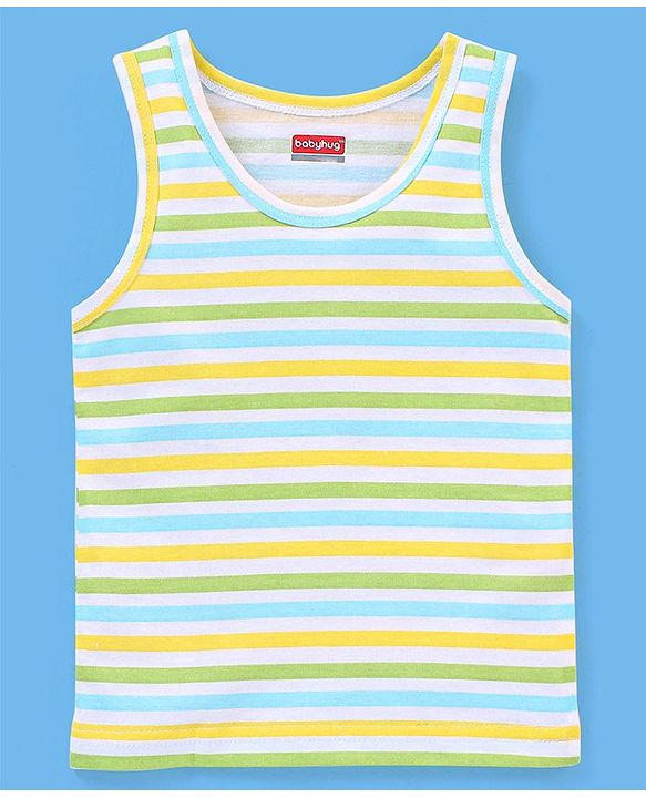 Babyhug 100% Cotton Knit Sleeveless Striped Sando Frog Print Pack of 3 - Yellow & Green