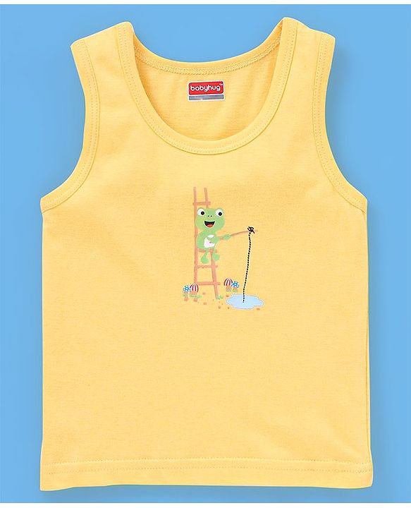Babyhug 100% Cotton Knit Sleeveless Striped Sando Frog Print Pack of 3 - Yellow & Green