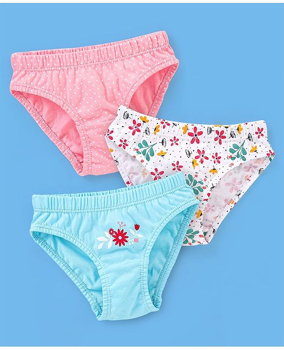 Babyhug 100% Cotton Floral Printed Panties Pack Of 3 - Blue Pink & White