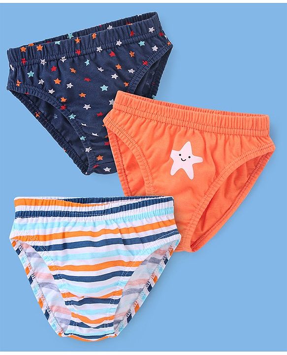 Babyhug 100% Cotton Briefs Star Print Pack of 3 - Blue White & Orange