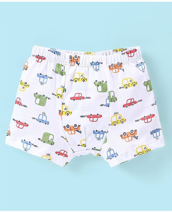 Babyhug 100% Cotton Car Printed Trunk Pack of 3 - White & Blue