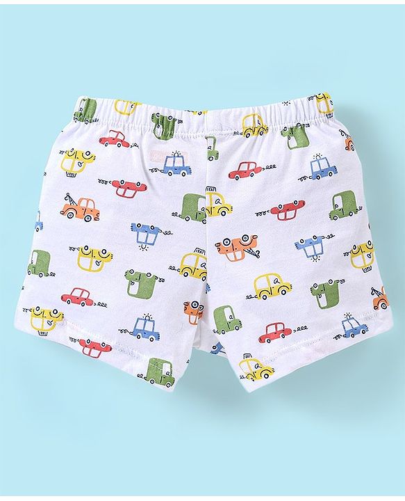 Babyhug 100% Cotton Car Printed Trunk Pack of 3 - White & Blue