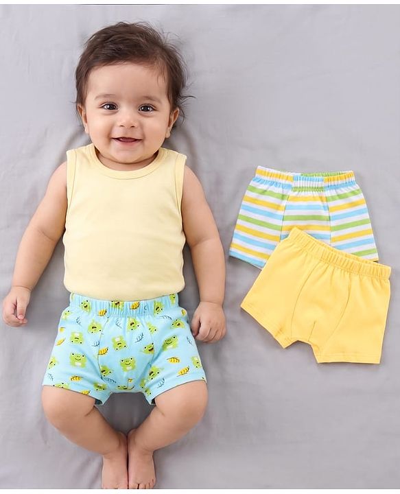 Babyhug 100% Cotton Knit Trunks Frog & Striped Print Pack of 3 - Blue & Yellow