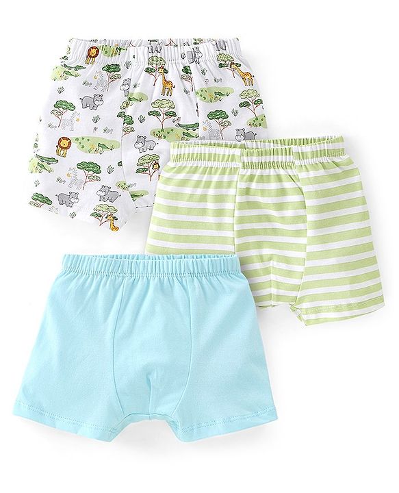 Babyhug 100% Cotton Animal Printed Trunk Pack of 3 - White Blue & Green