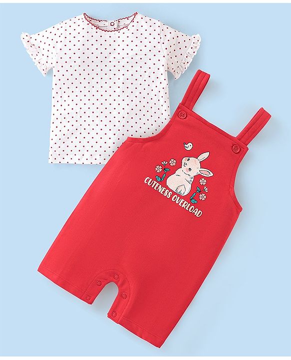 Babyhug 100% Cotton Knit Dungaree and Half Sleeves Top Set Bunny Print - Pink