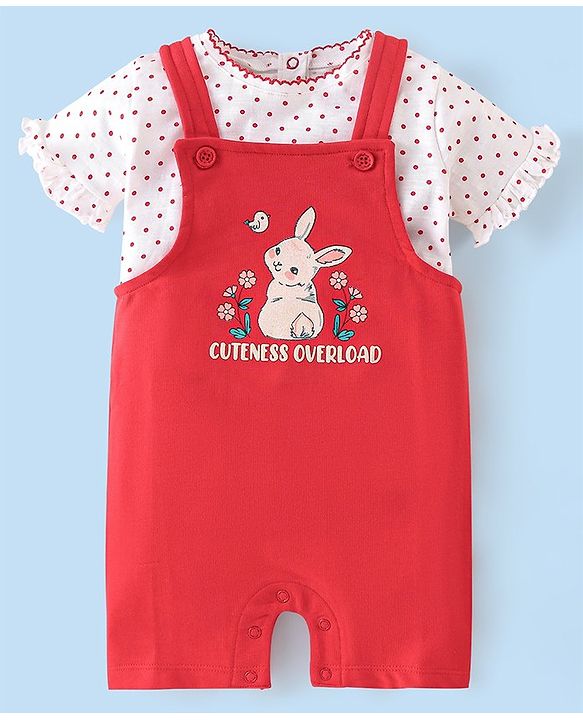 Babyhug 100% Cotton Knit Dungaree and Half Sleeves Top Set Bunny Print - Pink