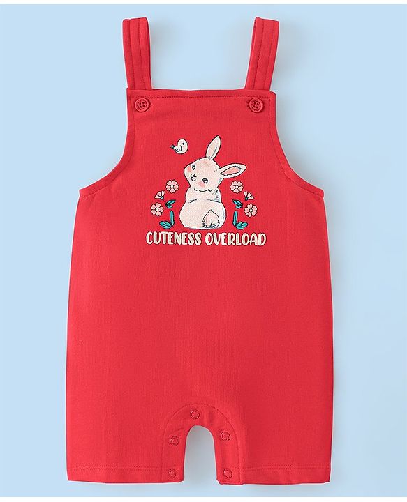 Babyhug 100% Cotton Knit Dungaree and Half Sleeves Top Set Bunny Print - Pink