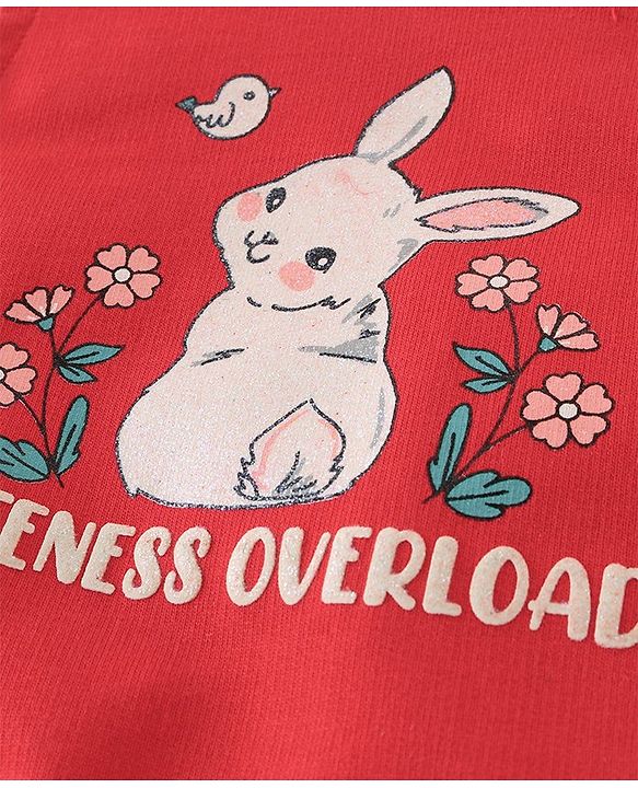 Babyhug 100% Cotton Knit Dungaree and Half Sleeves Top Set Bunny Print - Pink