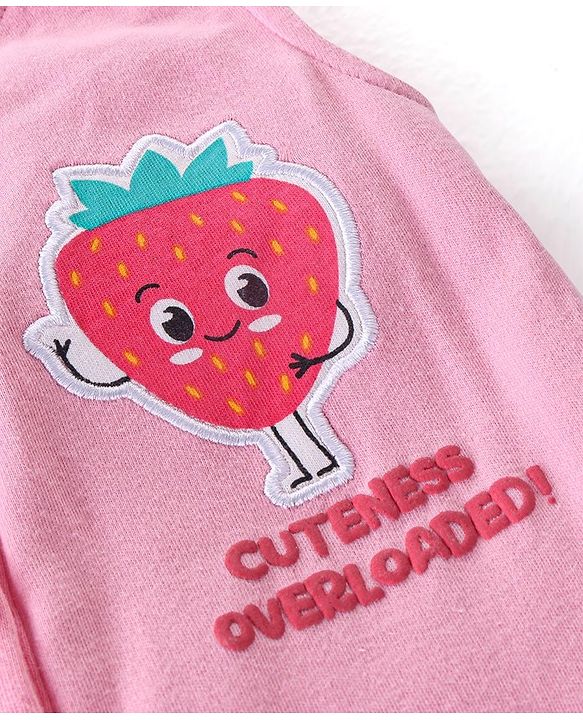Babyhug 100% Cotton Knit Dungaree with Half Sleeves Striped Tee Strawberry Applique - Pink