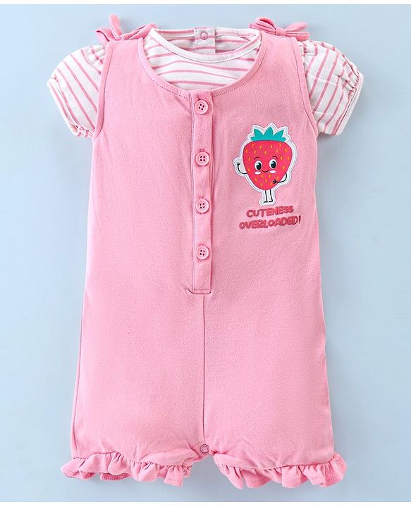 Babyhug 100% Cotton Knit Dungaree with Half Sleeves Striped Tee Strawberry Applique - Pink