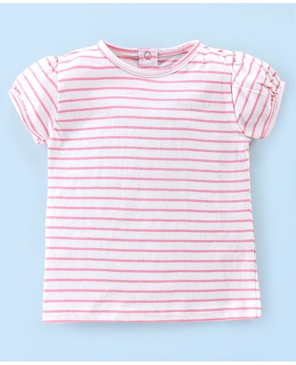 Babyhug 100% Cotton Knit Dungaree with Half Sleeves Striped Tee Strawberry Applique - Pink