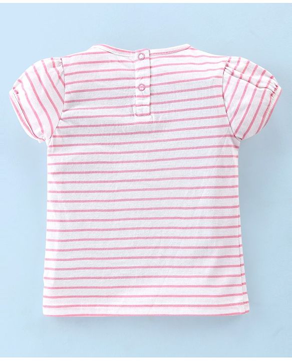 Babyhug 100% Cotton Knit Dungaree with Half Sleeves Striped Tee Strawberry Applique - Pink