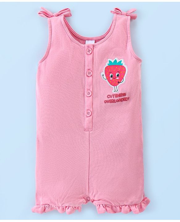 Babyhug 100% Cotton Knit Dungaree with Half Sleeves Striped Tee Strawberry Applique - Pink
