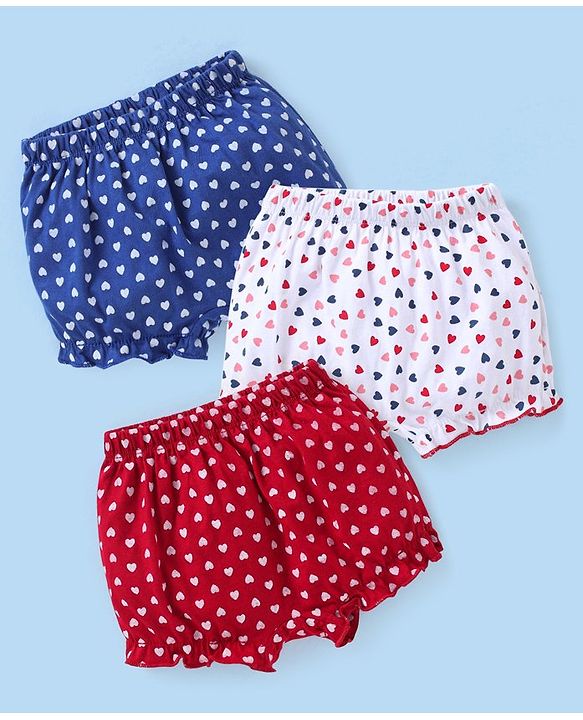 Babyhug Cotton Knit Bloomers Heart Print Pack of 3 - Blue White & Maroon
