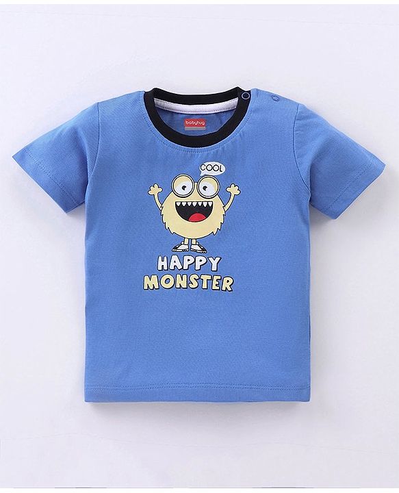 Babyhug Cotton Knit Half Sleeves T-Shirt Monster Print - Blue