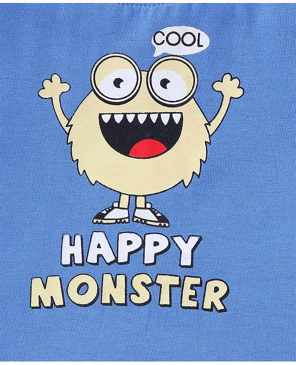 Babyhug Cotton Knit Half Sleeves T-Shirt Monster Print - Blue