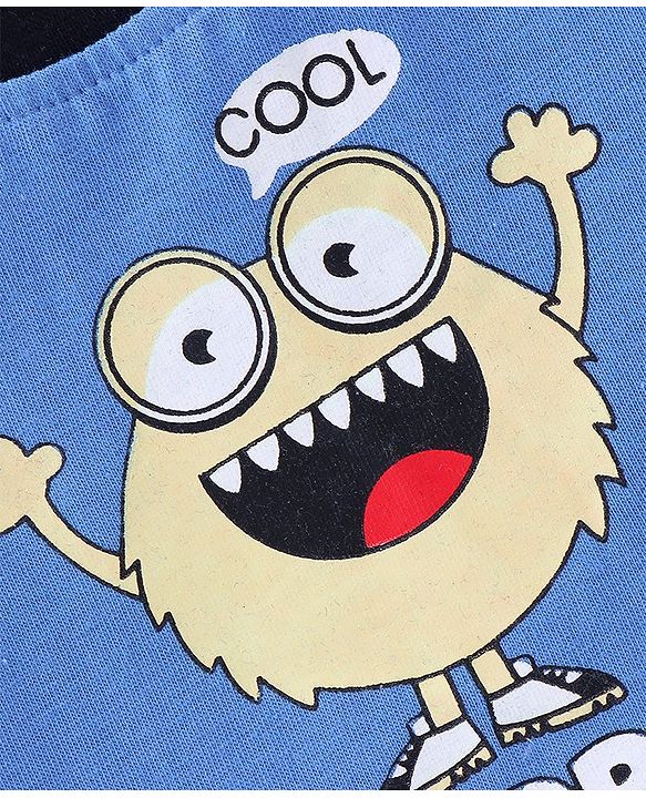 Babyhug Cotton Knit Half Sleeves T-Shirt Monster Print - Blue