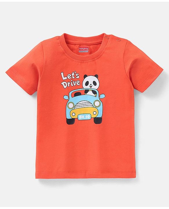 Babyhug Cotton Knit Half Sleeves T-Shirt with Panda Print - Orange