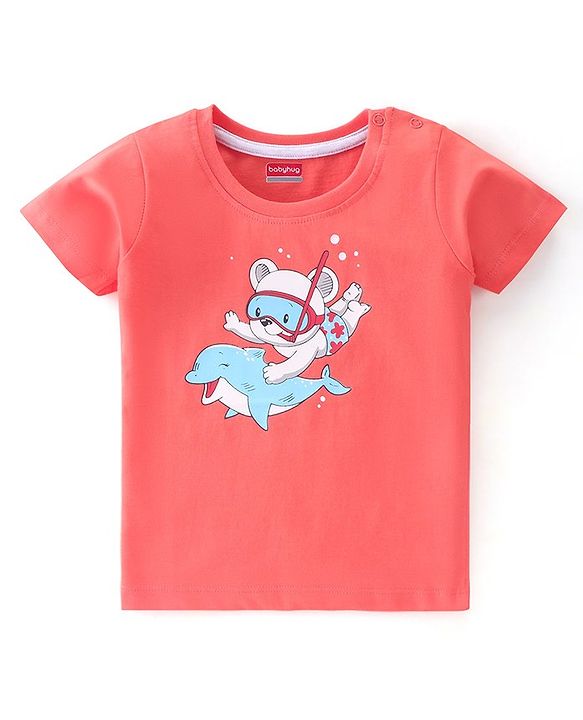 Babyhug Half Sleeves 100% Cotton Dolphin Print T-Shirt - Orange