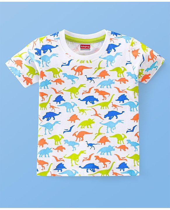 Babyhug Cotton Half Sleeves T-Shirt With Dino Print - White & Blue