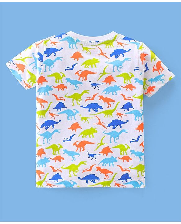 Babyhug Cotton Half Sleeves T-Shirt With Dino Print - White & Blue