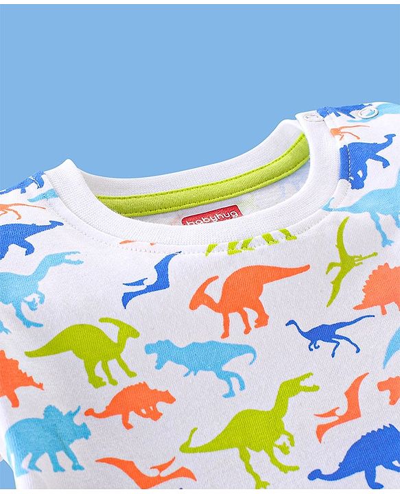 Babyhug Cotton Half Sleeves T-Shirt With Dino Print - White & Blue