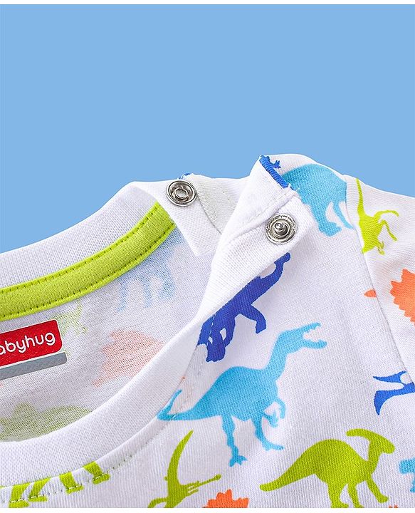 Babyhug Cotton Half Sleeves T-Shirt With Dino Print - White & Blue